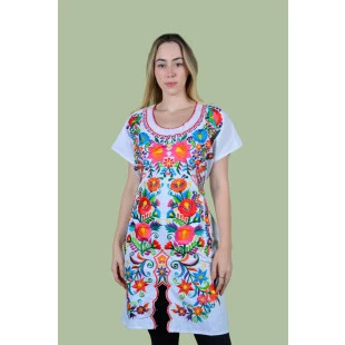 Vestido Mexicano Oaxaca | Algodão Bordado a Mão | Branco Médio