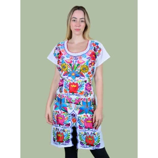 Vestido Mexicano Oaxaca | Algodão Bordado a Mão | Branco Médio
